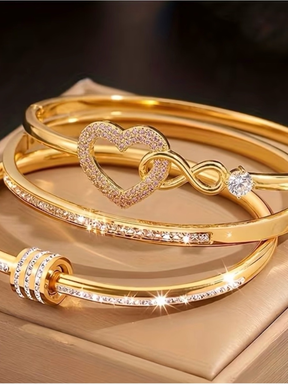 Gold Heart & Infinity Crystal Bangle Bracelet Set by